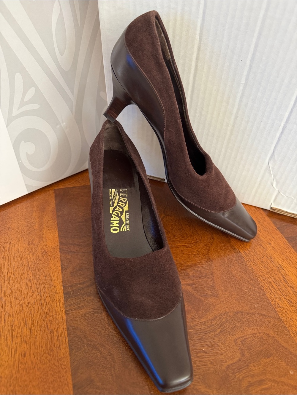 Salvatore Ferragamo Dark Brown Suede & Leather Pointed Toe Pumps